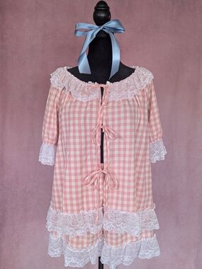 Shein Pink Gingham Lace Pajama Set | Cottagecore Coquette Lounge Set | Tie Front